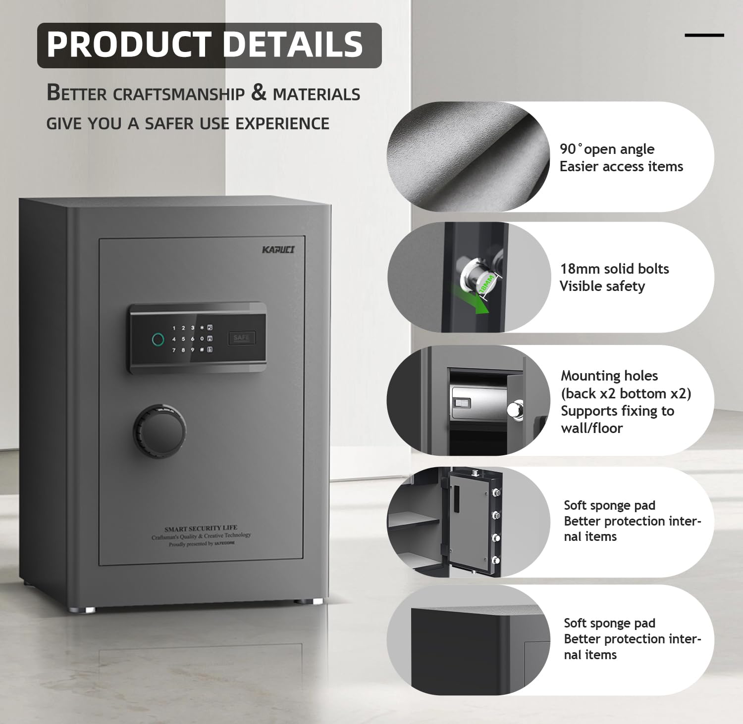 Touchscreen Biometric Fingerprint Safe Box,Full Soft Package Interior with Private Inner Door Digital Heavy Personal Private Cabinet Home Safes,Suitable for Home, Office, Bedroom(Grey)