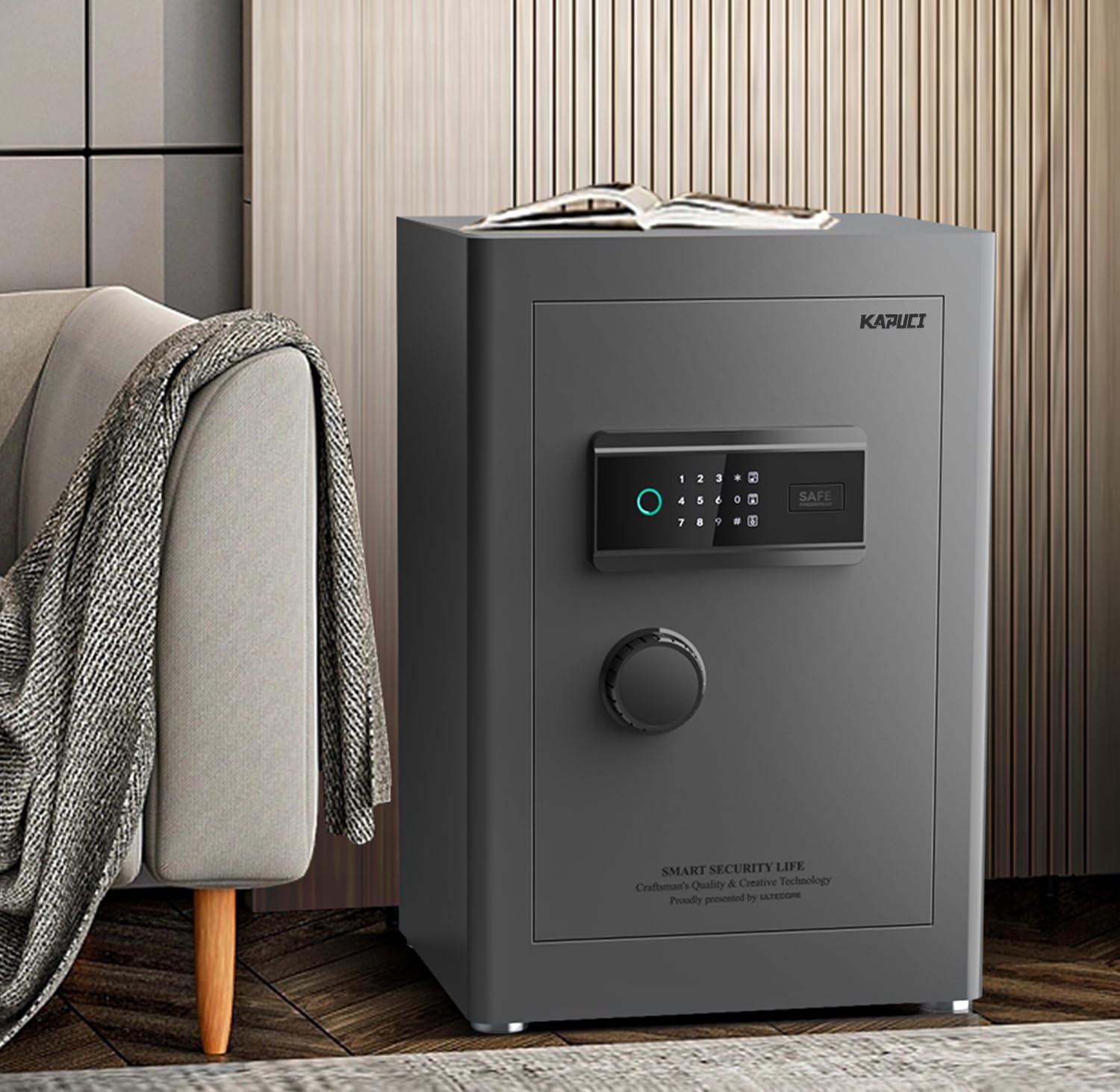 Touchscreen Biometric Fingerprint Safe Box,Full Soft Package Interior with Private Inner Door Digital Heavy Personal Private Cabinet Home Safes,Suitable for Home, Office, Bedroom(Grey)