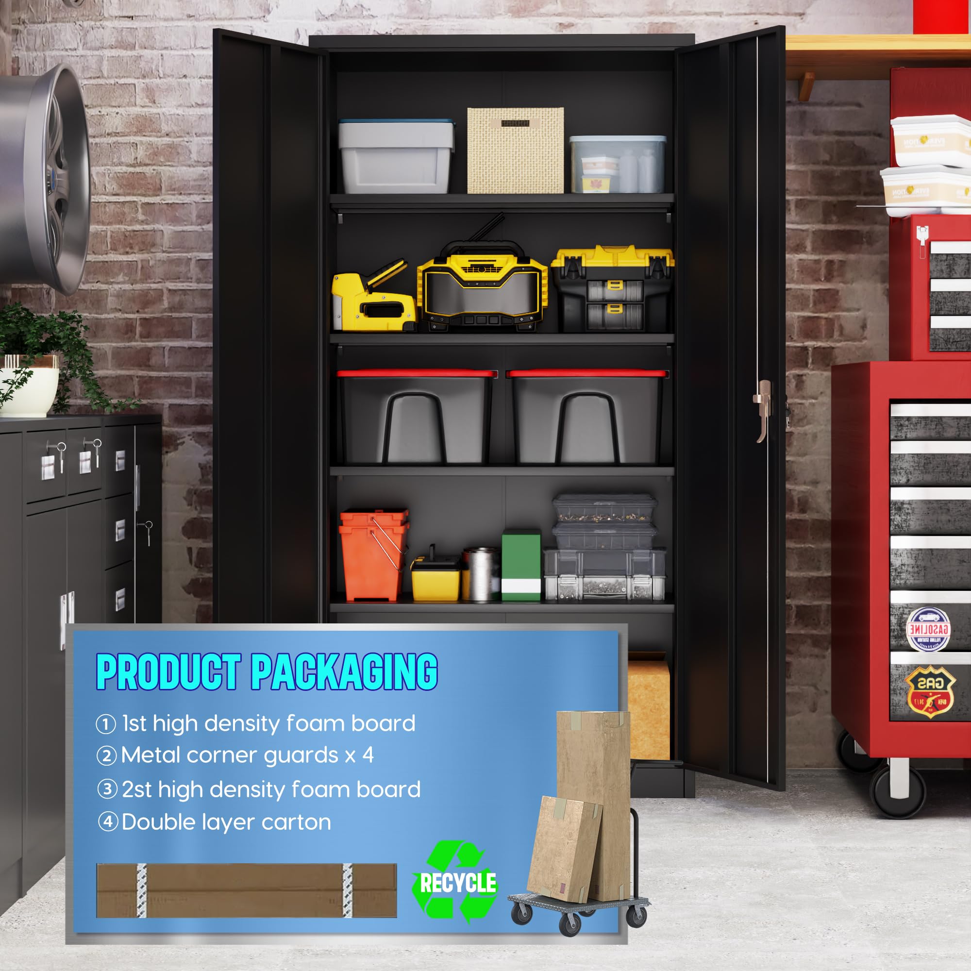 Metal Storage Cabinet with 2 Door and 4 Adjustable Shelves,180CM Tall Steel Cabinet for Warehouse,Garage,Home,Office,Easy Assemble Required(Black)