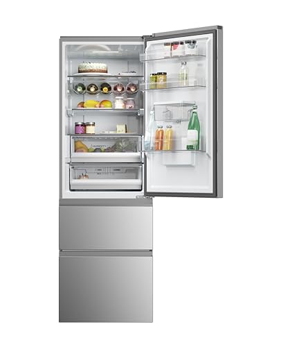 3D 60 Series 5 Freestanding Fridge Freezer with Water Dispenser, 3 Doors, Total No Frost, E Class, 357L Total Capacity, hOn App, AI & Wi-Fi Connected, Silver, 60x67x185 cm - HTW5618EWMG