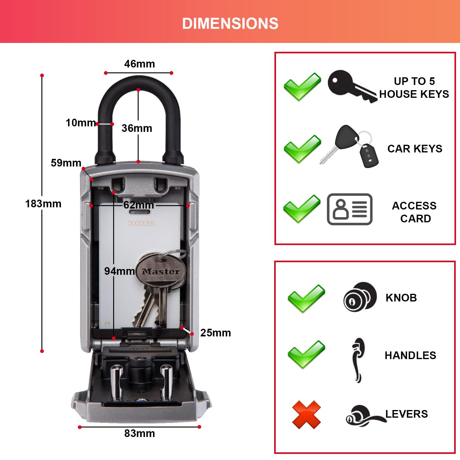 Portable Smart Connected Key Safe with Shackle, Bluetooth or Combination, Medium 183 x 83 x 59 mm, Outdoor, for Home Office Industries Vehicles