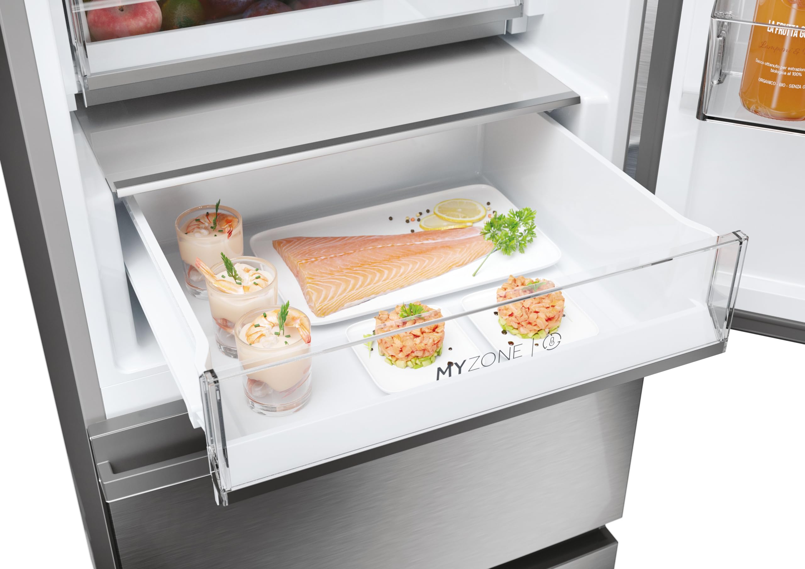 3D 60 Series 5 Freestanding Fridge Freezer with Water Dispenser, 3 Doors, Total No Frost, E Class, 357L Total Capacity, hOn App, AI & Wi-Fi Connected, Silver, 60x67x185 cm - HTW5618EWMG