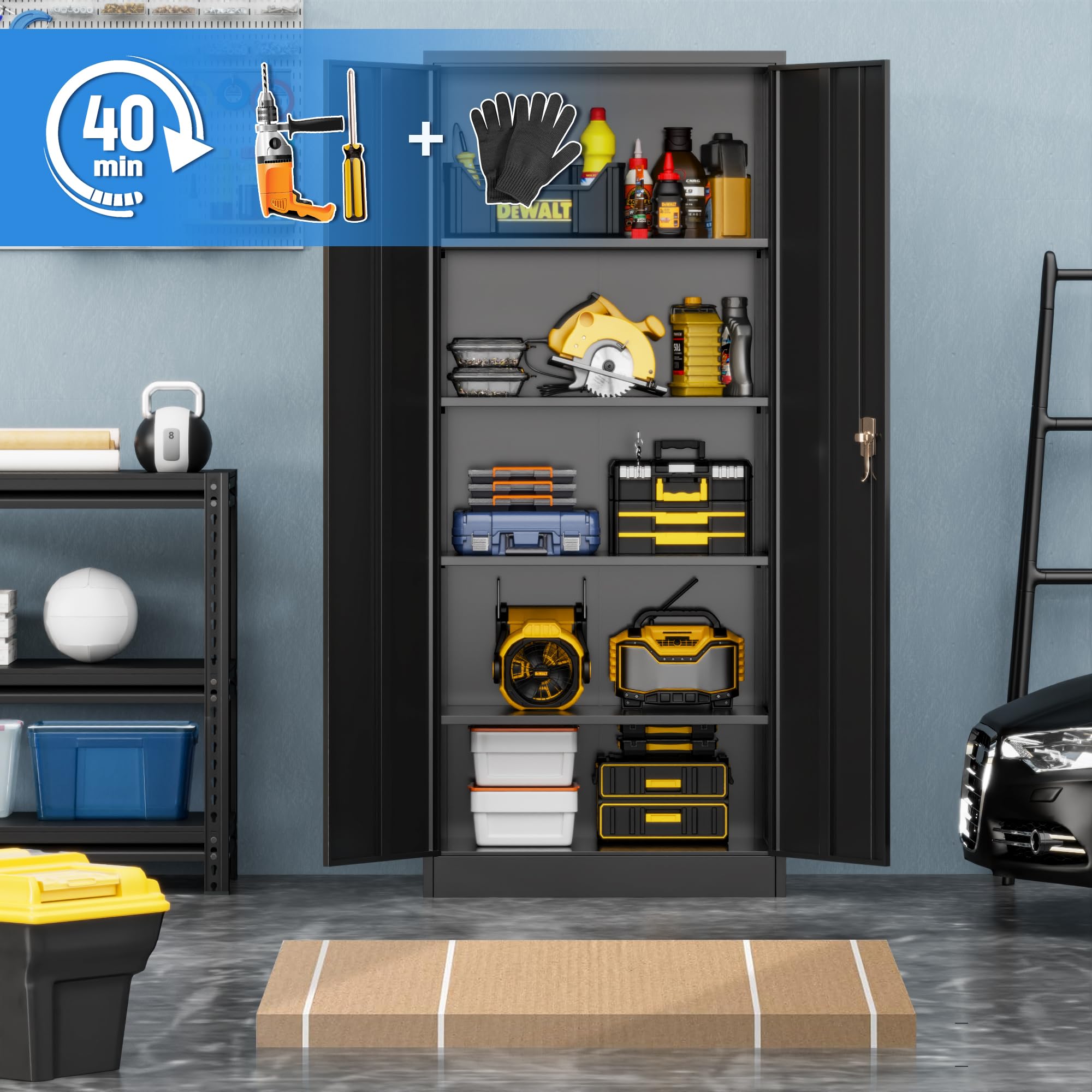 Metal Storage Cabinet with 2 Door and 4 Adjustable Shelves,180CM Tall Steel Cabinet for Warehouse,Garage,Home,Office,Easy Assemble Required(Black)