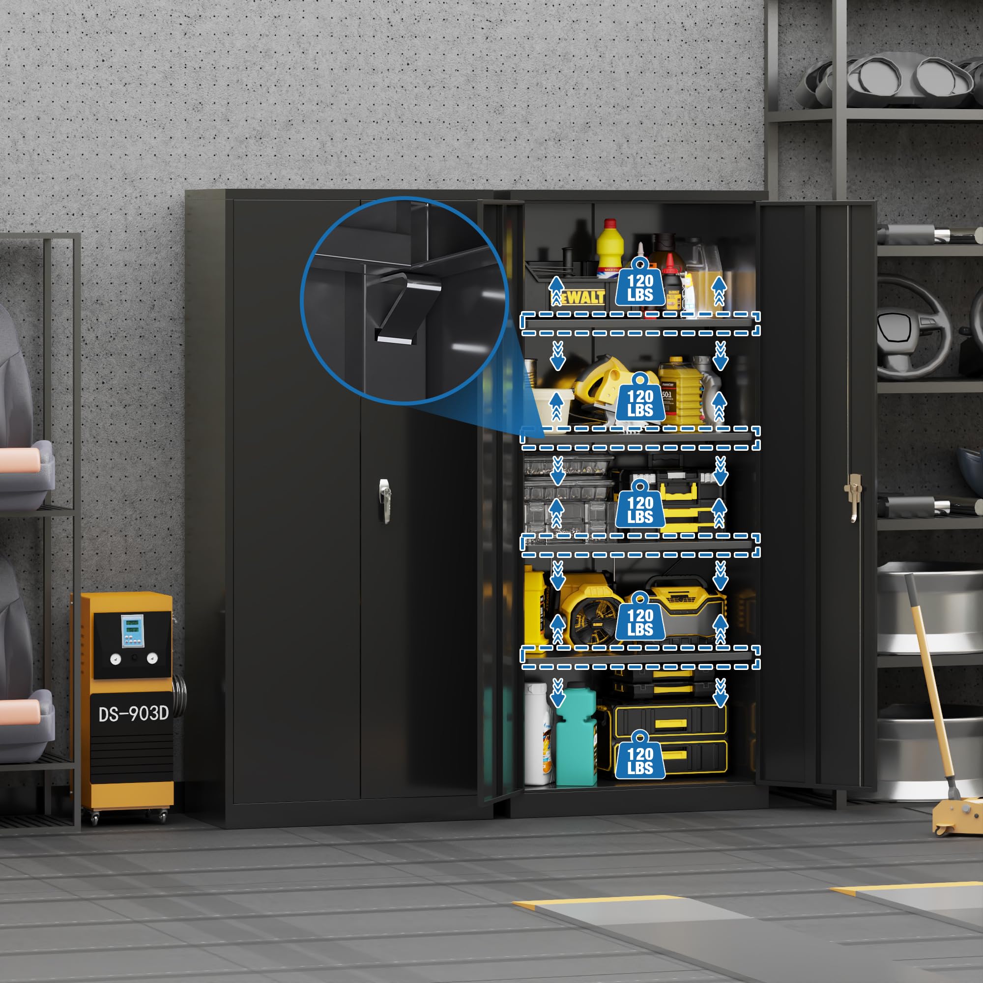 Metal Storage Cabinet with 2 Door and 4 Adjustable Shelves,180CM Tall Steel Cabinet for Warehouse,Garage,Home,Office,Easy Assemble Required(Black)