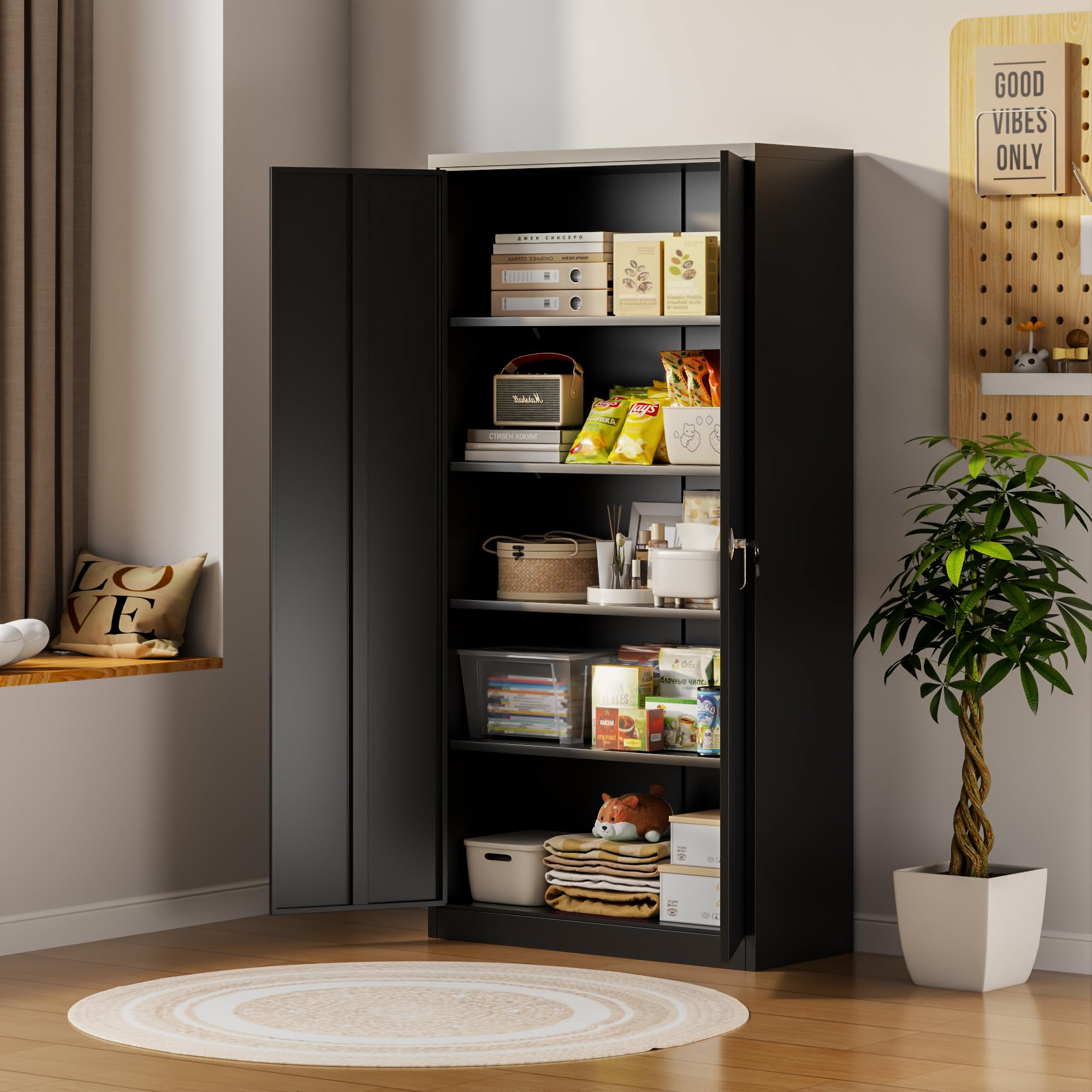Metal Storage Cabinet with 2 Door and 4 Adjustable Shelves,180CM Tall Steel Cabinet for Warehouse,Garage,Home,Office,Easy Assemble Required(Black)